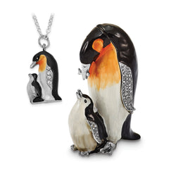 Luxury Giftware Pewter Bejeweled Crystals Silver-tone Enameled HERO & HARPER Emperor Penguin & Baby Trinket Box with Matching 18 Inch Necklace