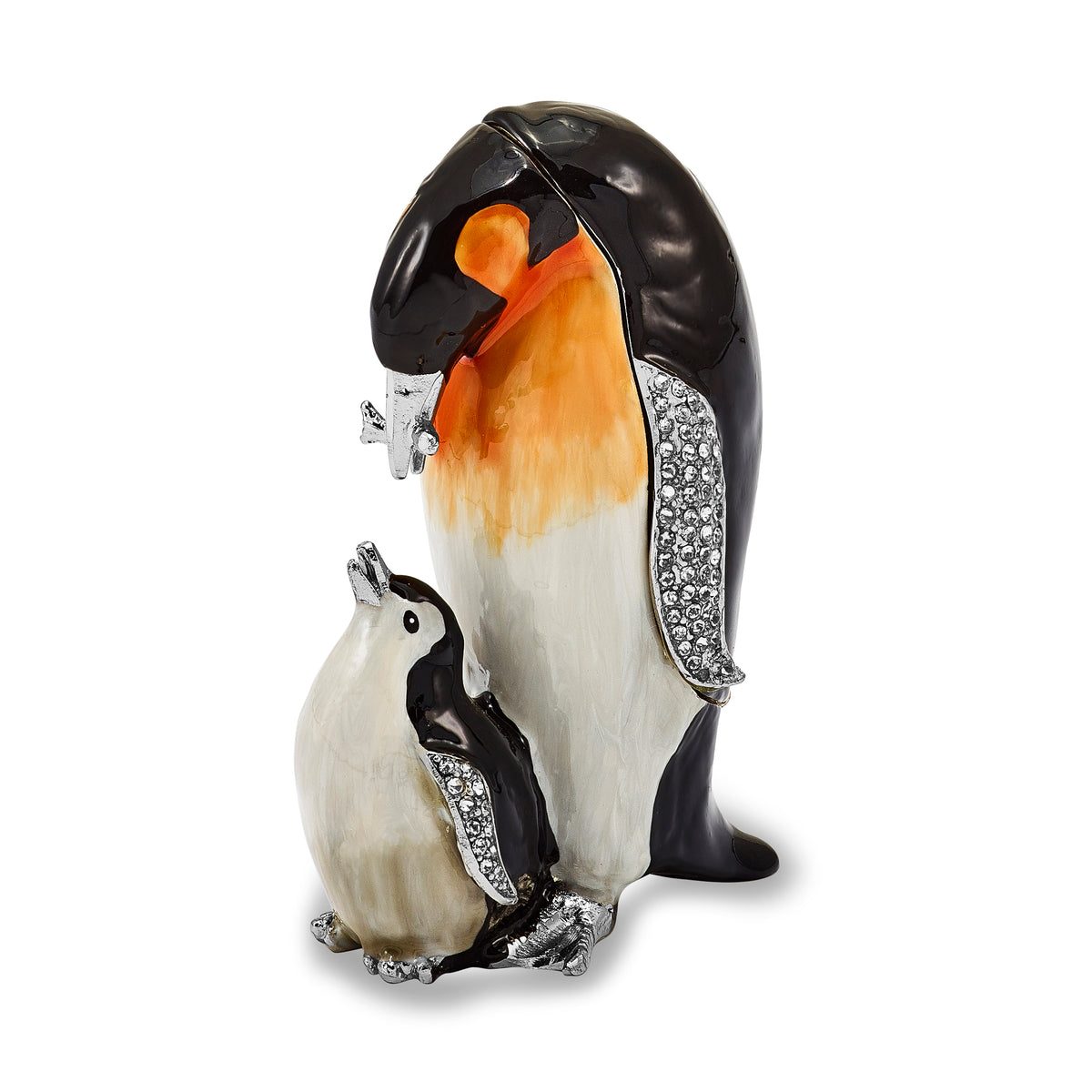 Luxury Giftware Pewter Bejeweled Crystals Silver-tone Enameled HERO & HARPER Emperor Penguin & Baby Trinket Box with Matching 18 Inch Necklace