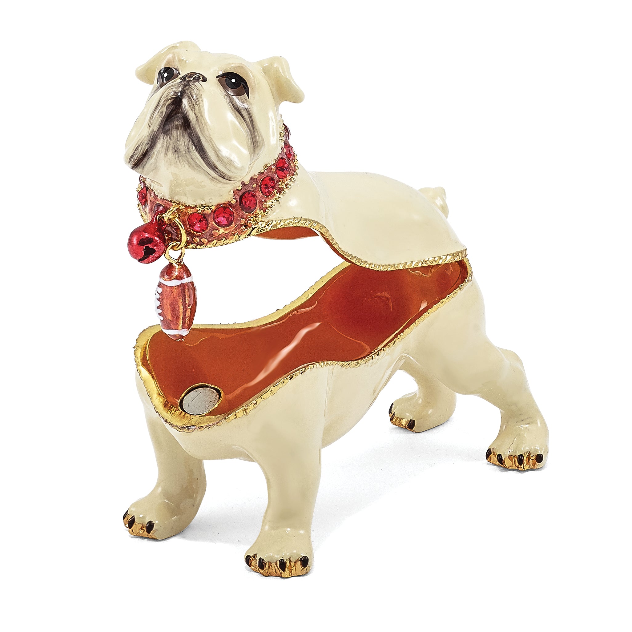 Luxury Giftware Pewter Bejeweled Crystals Gold-tone Enameled BUTCH Bulldog w/Football Trinket Box with Matching 18 Inch Necklace