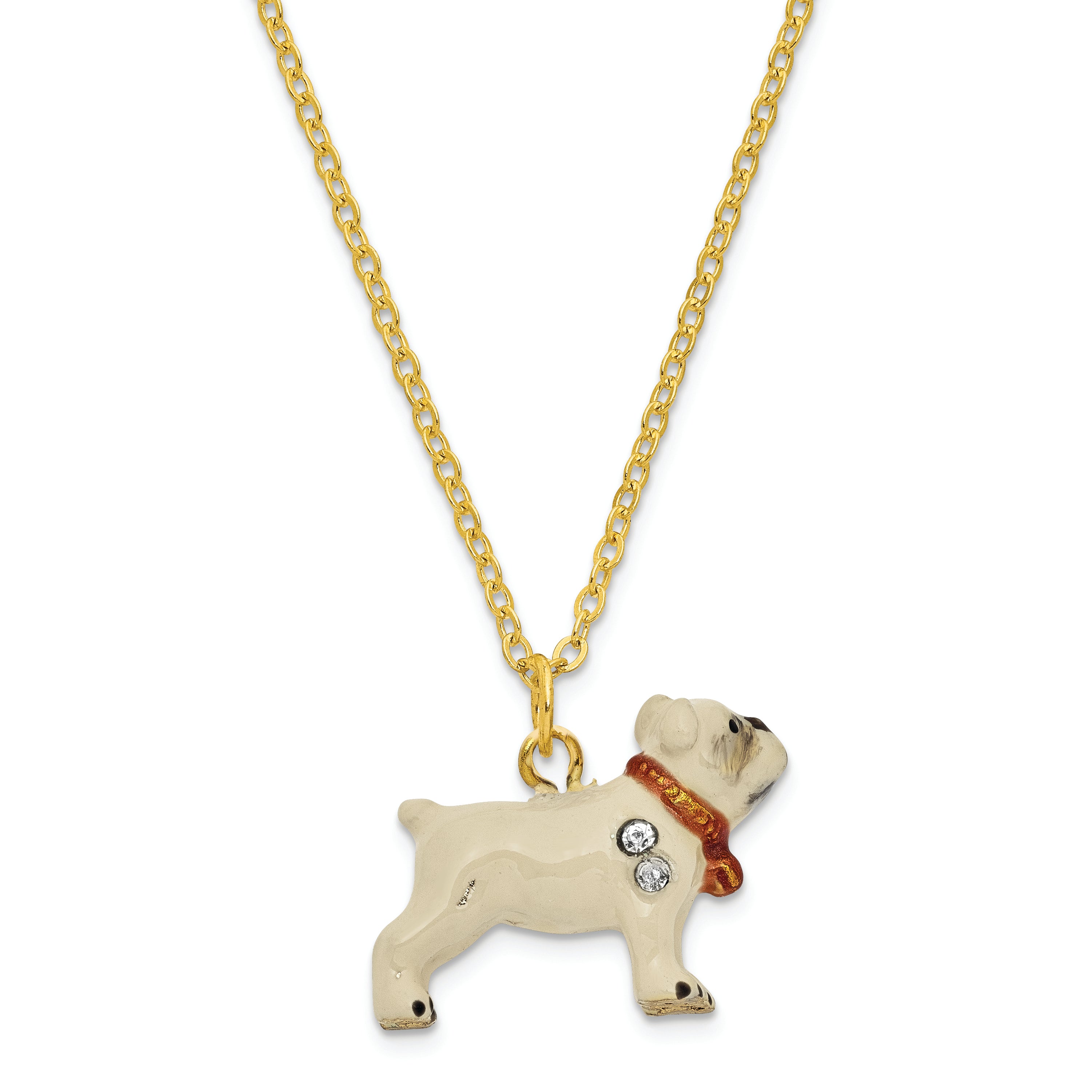 Luxury Giftware Pewter Bejeweled Crystals Gold-tone Enameled BUTCH Bulldog w/Football Trinket Box with Matching 18 Inch Necklace