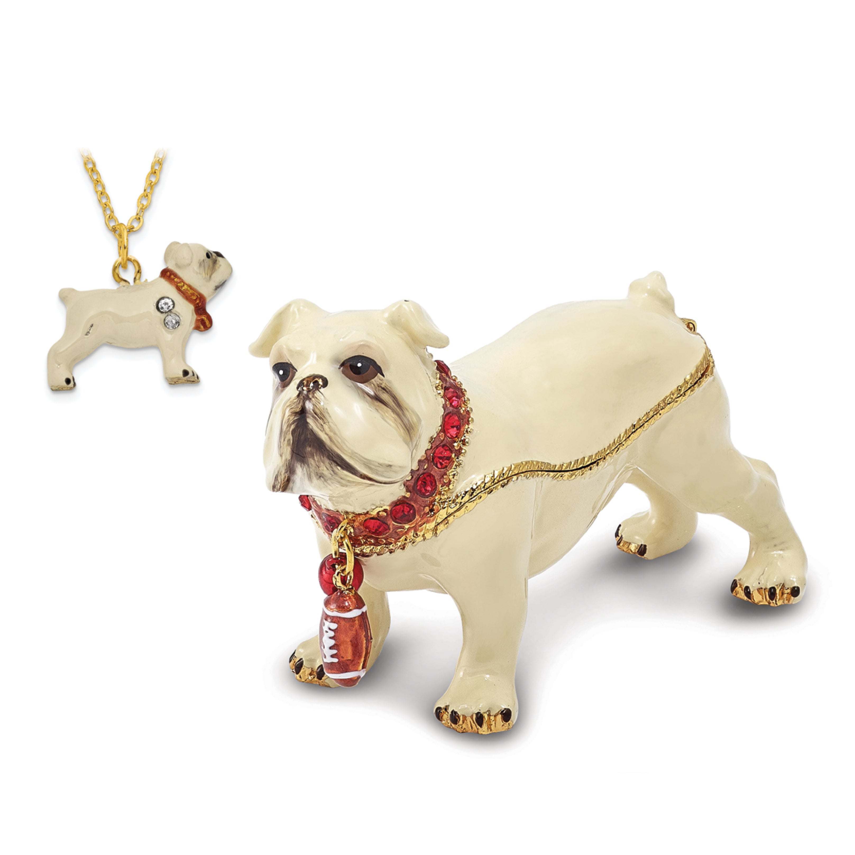 Luxury Giftware Pewter Bejeweled Crystals Gold-tone Enameled BUTCH Bulldog w/Football Trinket Box with Matching 18 Inch Necklace