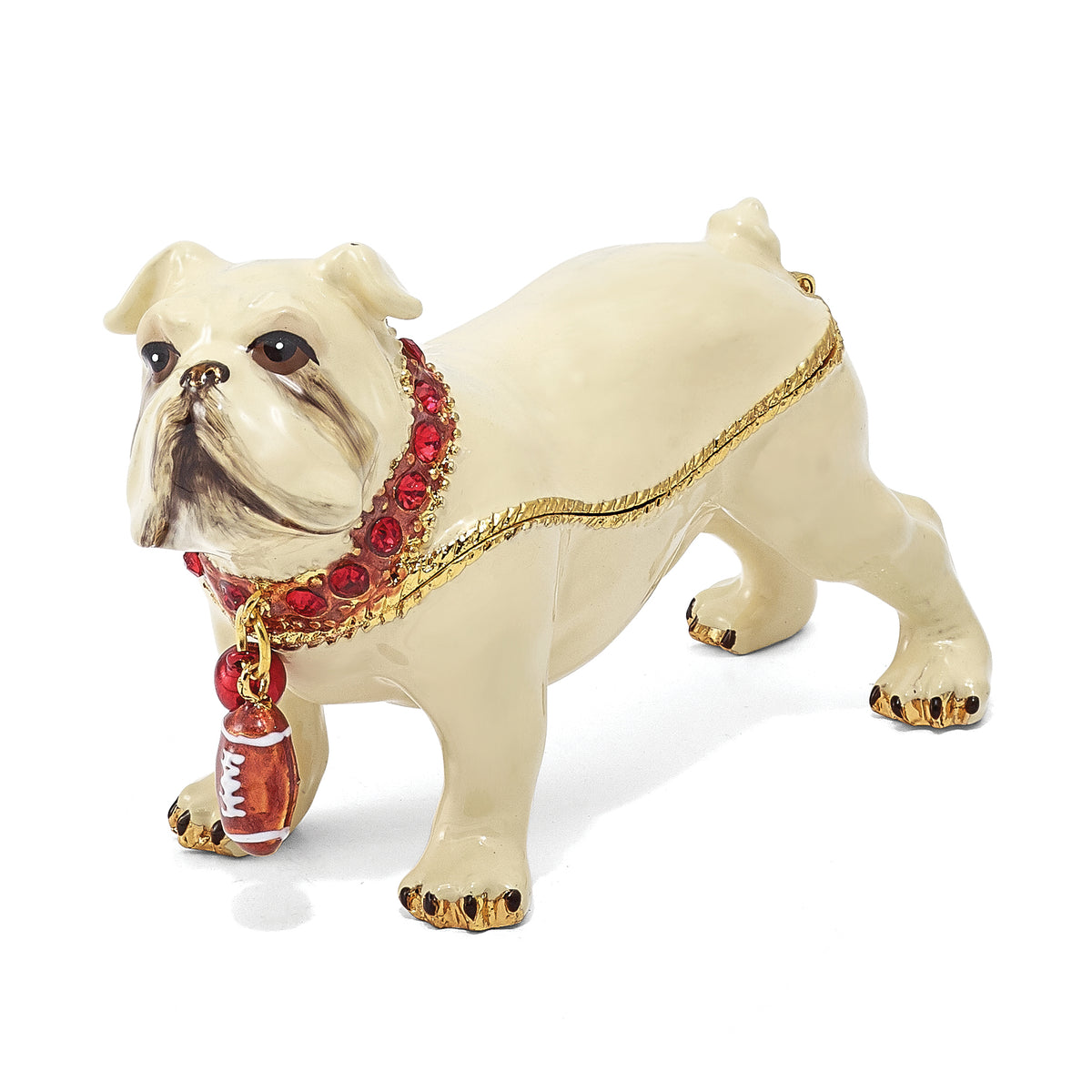 Luxury Giftware Pewter Bejeweled Crystals Gold-tone Enameled BUTCH Bulldog w/Football Trinket Box with Matching 18 Inch Necklace