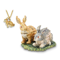 Luxury Giftware Pewter Bejeweled Crystals Gold-tone Enameled BEST BUNNIES Rabbits Trinket Box with Matching 18 Inch Necklace