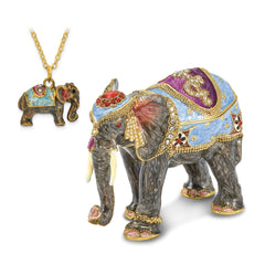 Luxury Giftware Pewter Bejeweled Crystals Gold-tone Enameled KAT Kathmandu Elephant Trinket Box with Matching 18 Inch Necklace