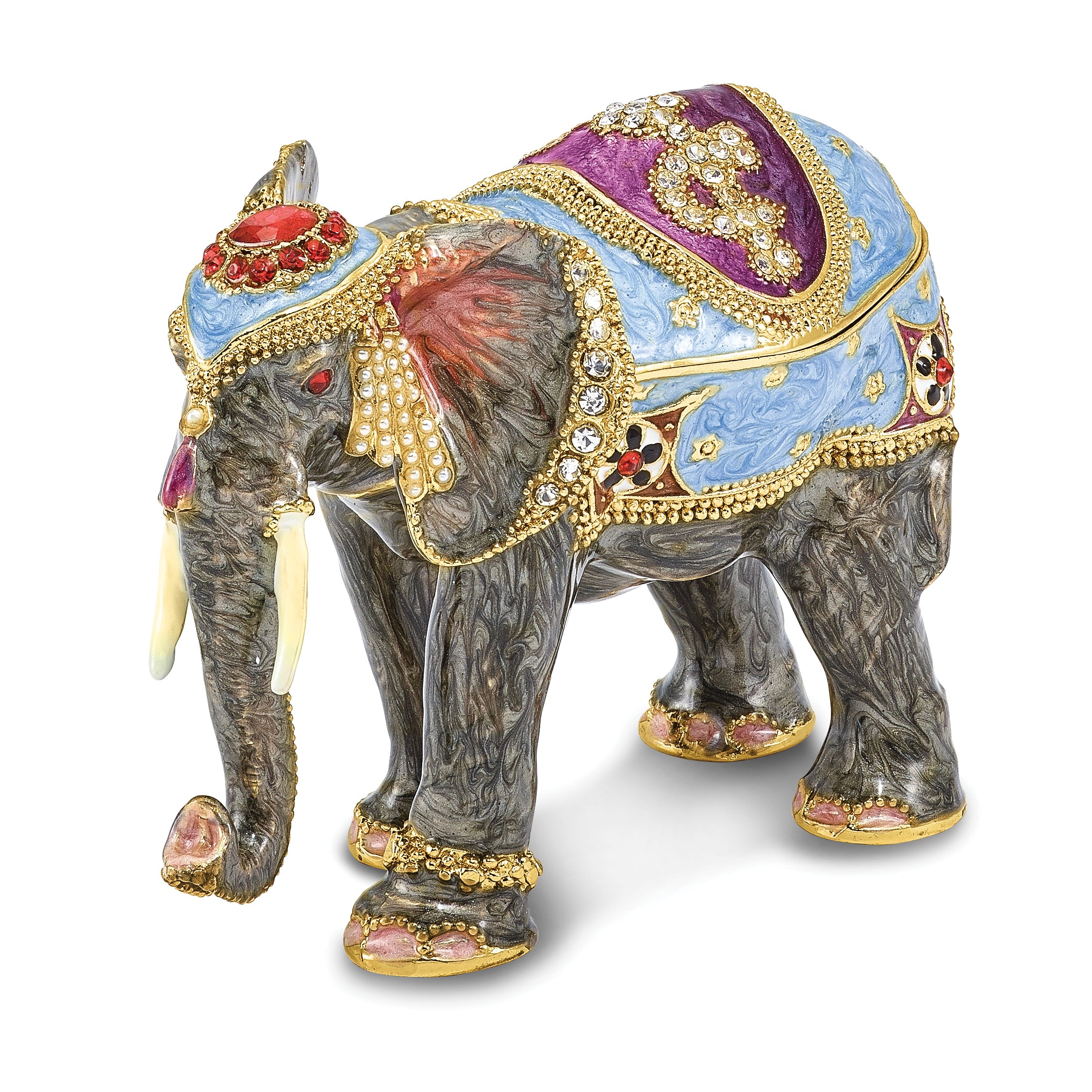 Luxury Giftware Pewter Bejeweled Crystals Gold-tone Enameled KAT Kathmandu Elephant Trinket Box with Matching 18 Inch Necklace