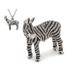 Luxury Giftware Pewter Bejeweled Crystals Silver-tone Enameled ZELDA Zebra Bling Full Crystal Trinket Box with Matching 18 Inch Necklace