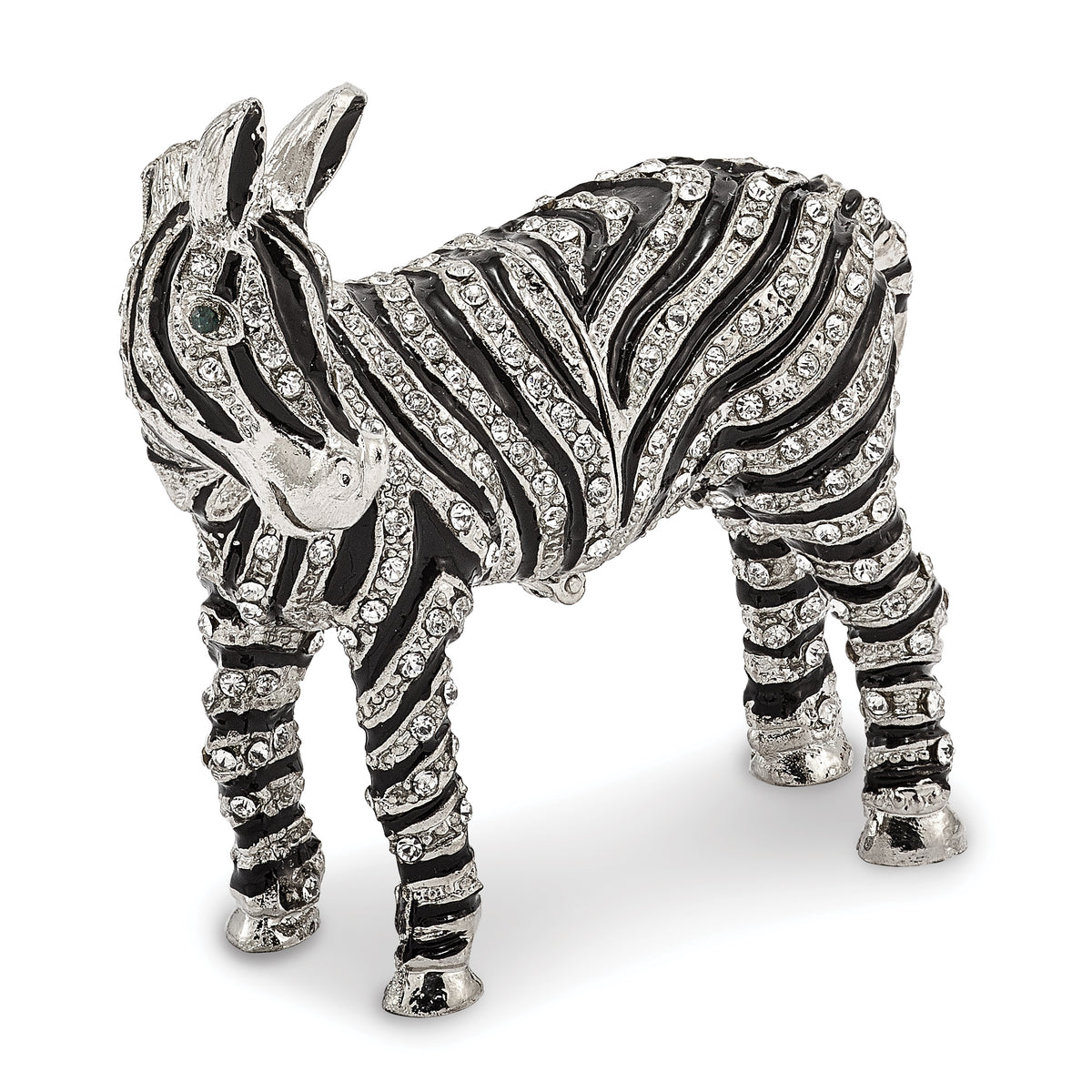 Luxury Giftware Pewter Bejeweled Crystals Silver-tone Enameled ZELDA Zebra Bling Full Crystal Trinket Box with Matching 18 Inch Necklace