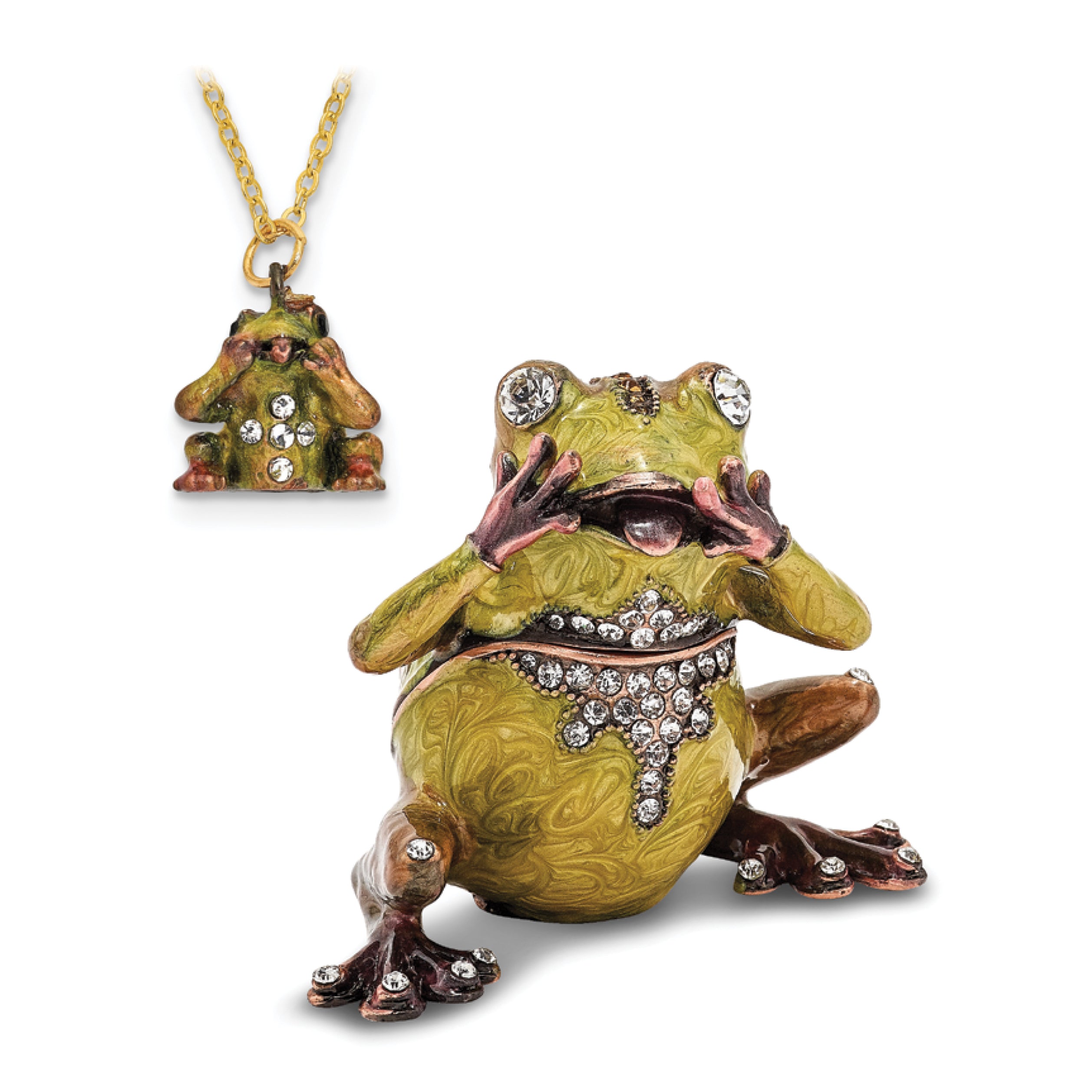 Luxury Giftware Pewter Bejeweled Crystals Rose-tone Enameled OH MY Expressive Frog Trinket Box with Matching 18 Inch Necklace