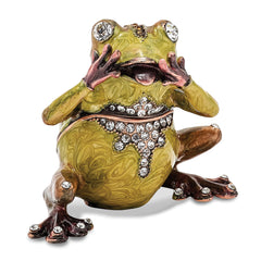 Luxury Giftware Pewter Bejeweled Crystals Rose-tone Enameled OH MY Expressive Frog Trinket Box with Matching 18 Inch Necklace