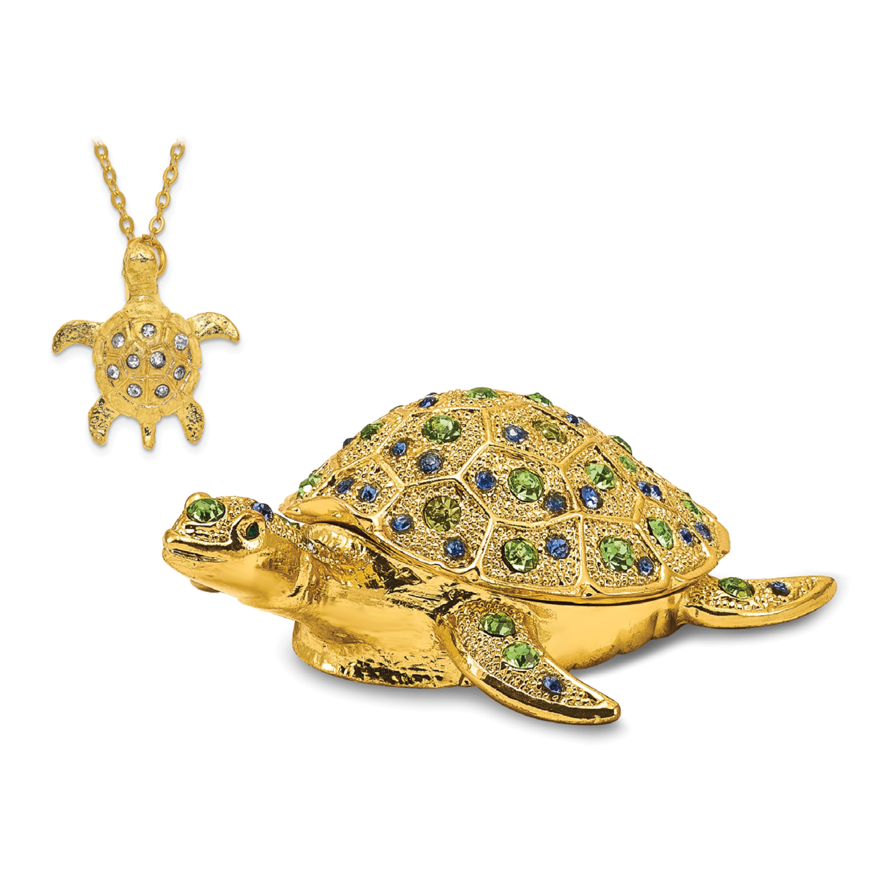 Luxury Giftware Pewter Bejeweled Crystals Gold-tone GILDA Golden Sea Turtle Trinket Box with Matching 18 Inch Necklace