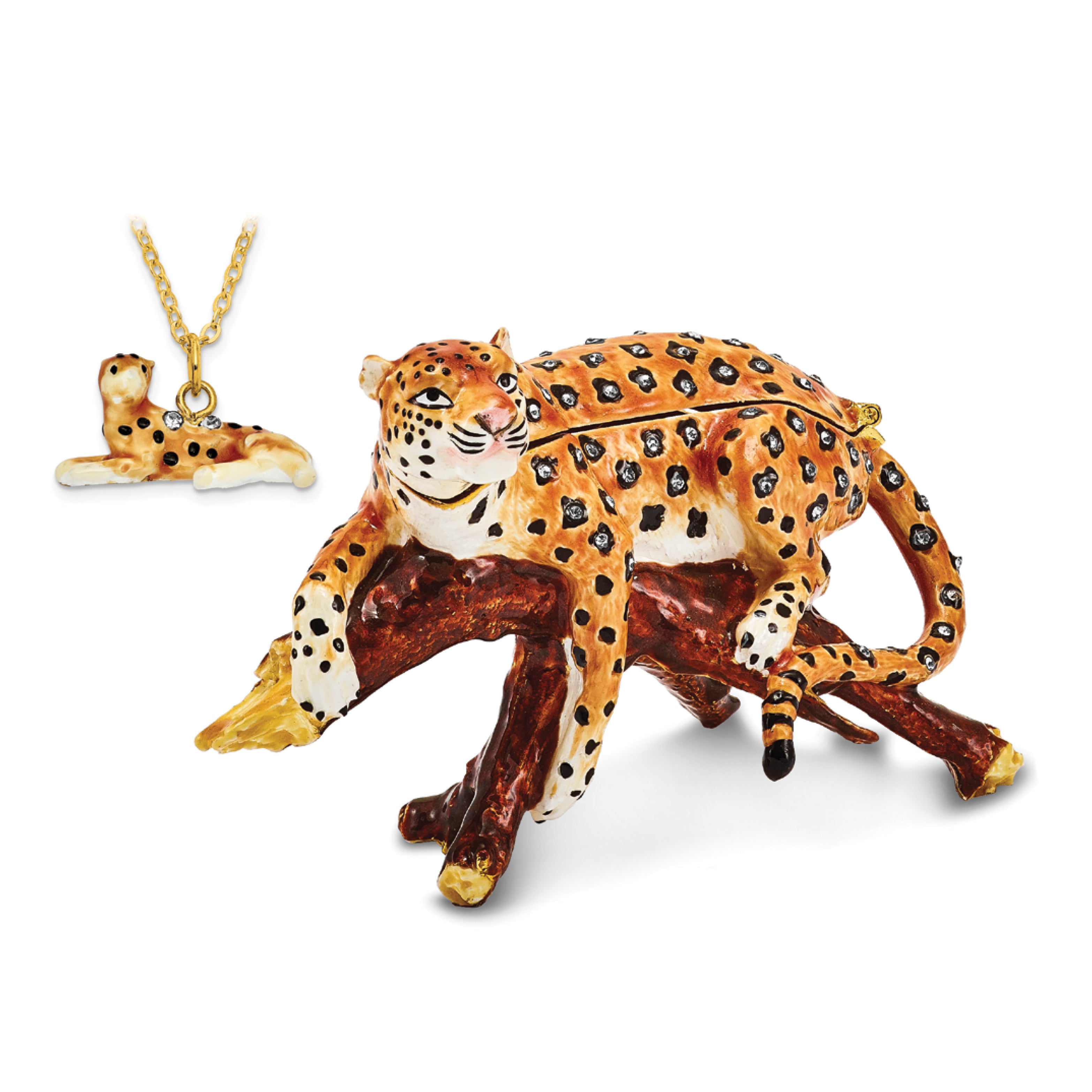 Luxury Giftware Pewter Bejeweled Crystals Gold-tone Enameled LEOPOLD Leopard on Branch Trinket Box with Matching 18 Inch Necklace