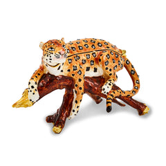 Luxury Giftware Pewter Bejeweled Crystals Gold-tone Enameled LEOPOLD Leopard on Branch Trinket Box with Matching 18 Inch Necklace