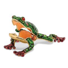 Luxury Giftware Pewter Bejeweled Crystals Gold-tone Enameled FRANK Red Eyed Frog Trinket Box with Matching 18 Inch Necklace