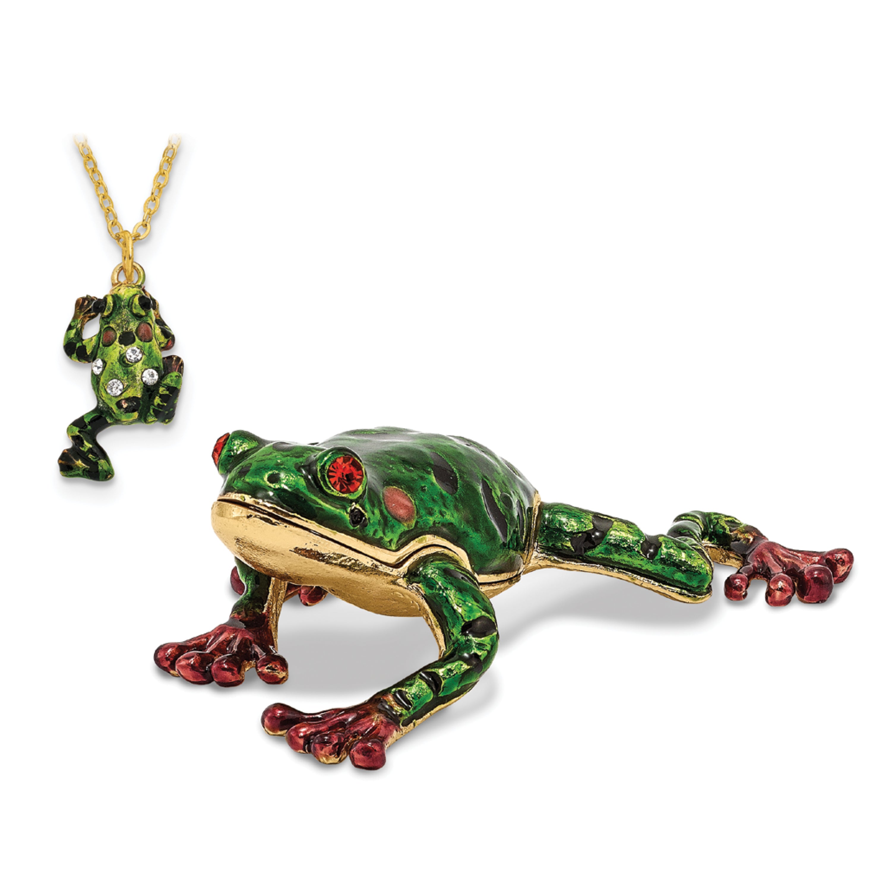 Luxury Giftware Pewter Bejeweled Crystals Gold-tone Enameled FRANK Red Eyed Frog Trinket Box with Matching 18 Inch Necklace