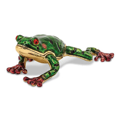 Luxury Giftware Pewter Bejeweled Crystals Gold-tone Enameled FRANK Red Eyed Frog Trinket Box with Matching 18 Inch Necklace