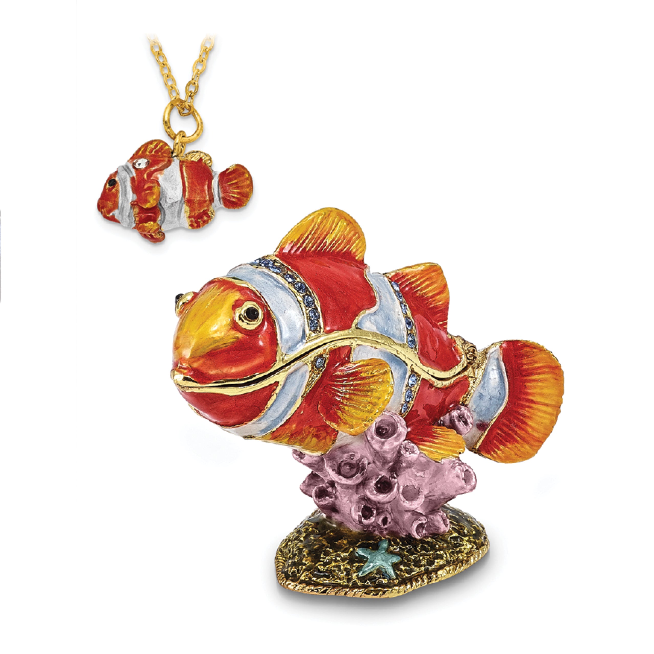 Luxury Giftware Pewter Bejeweled Crystals Gold-tone Enameled EMMETT Clown Fish Trinket Box with Matching 18 Inch Necklace