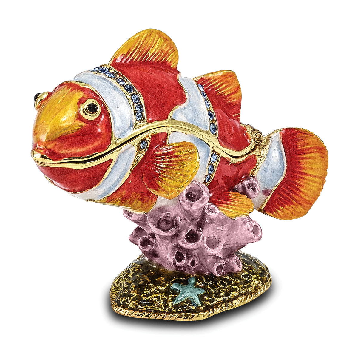 Luxury Giftware Pewter Bejeweled Crystals Gold-tone Enameled EMMETT Clown Fish Trinket Box with Matching 18 Inch Necklace