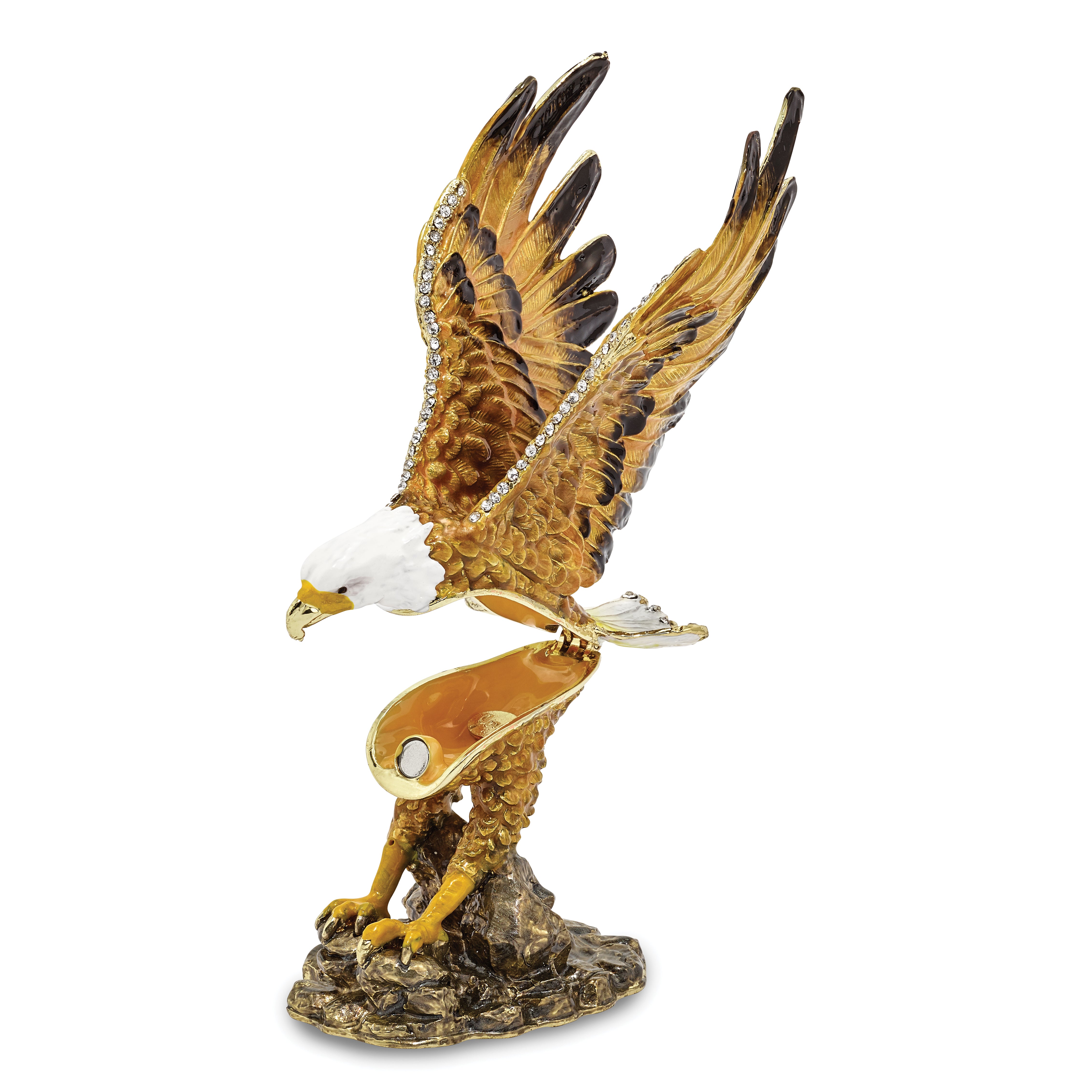 Luxury Giftware Pewter Bejeweled Crystals Gold-tone Enameled MAJESTIC Gliding Bald Eagle Trinket Box with Matching 18 Inch Necklace