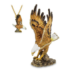 Luxury Giftware Pewter Bejeweled Crystals Gold-tone Enameled MAJESTIC Gliding Bald Eagle Trinket Box with Matching 18 Inch Necklace