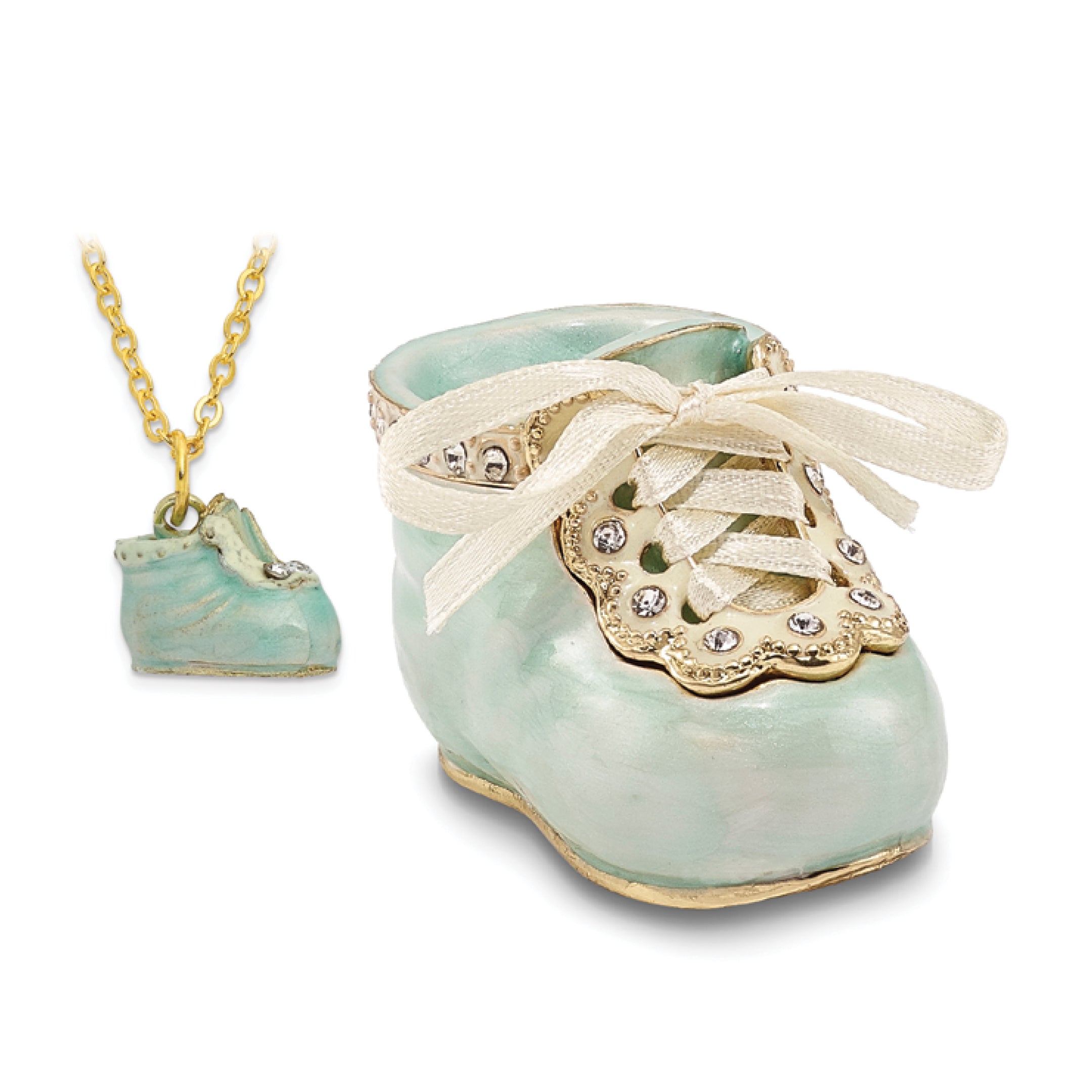 Luxury Giftware Pewter Bejeweled Crystals Gold-tone Enameled IT'S A BOY Blue Baby Bootie Trinket Box with Matching 18 Inch Necklace