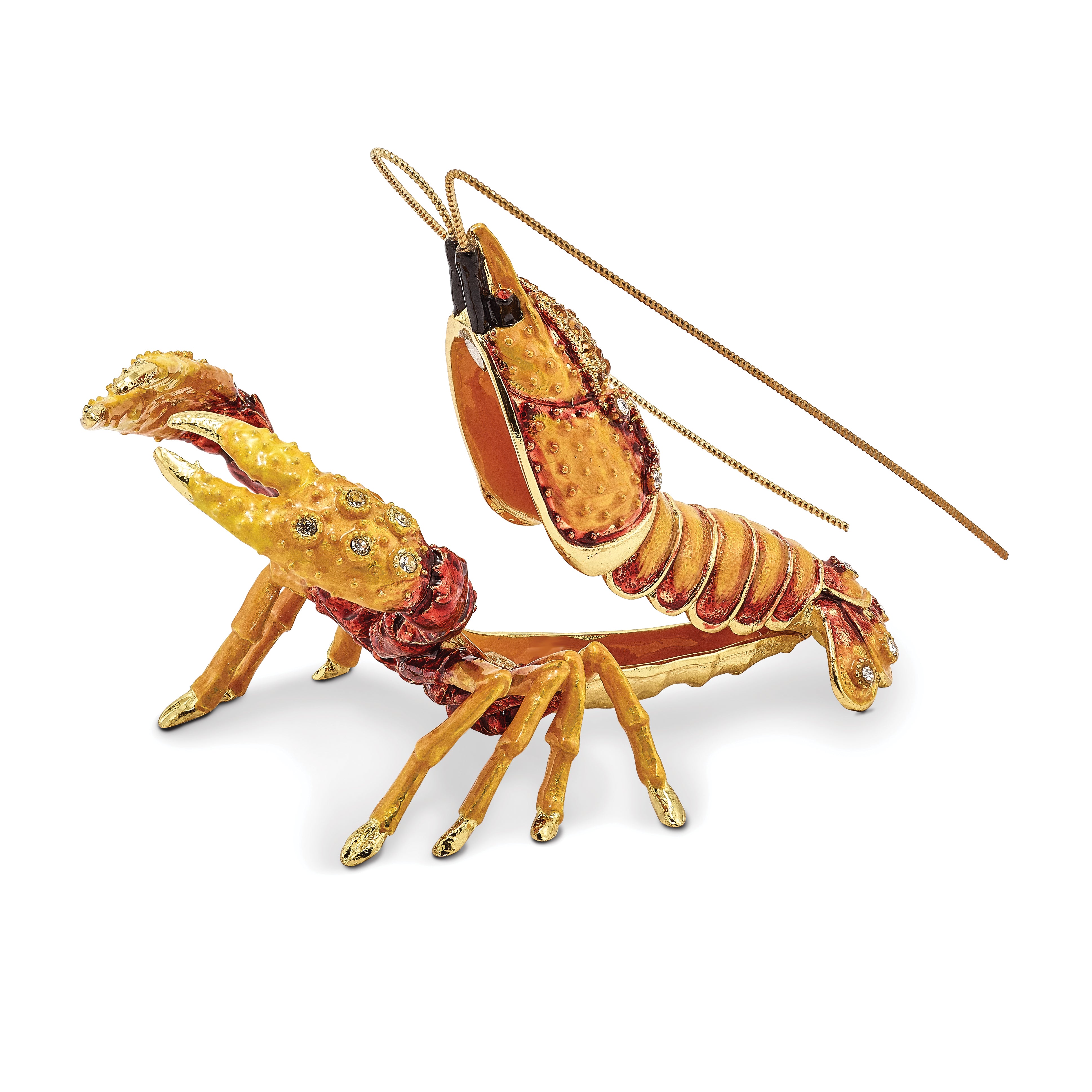 Luxury Giftware Pewter Bejeweled Crystals Gold-tone Enameled BAYOU Cajun Crawfish Trinket Box with Matching 18 Inch Necklace