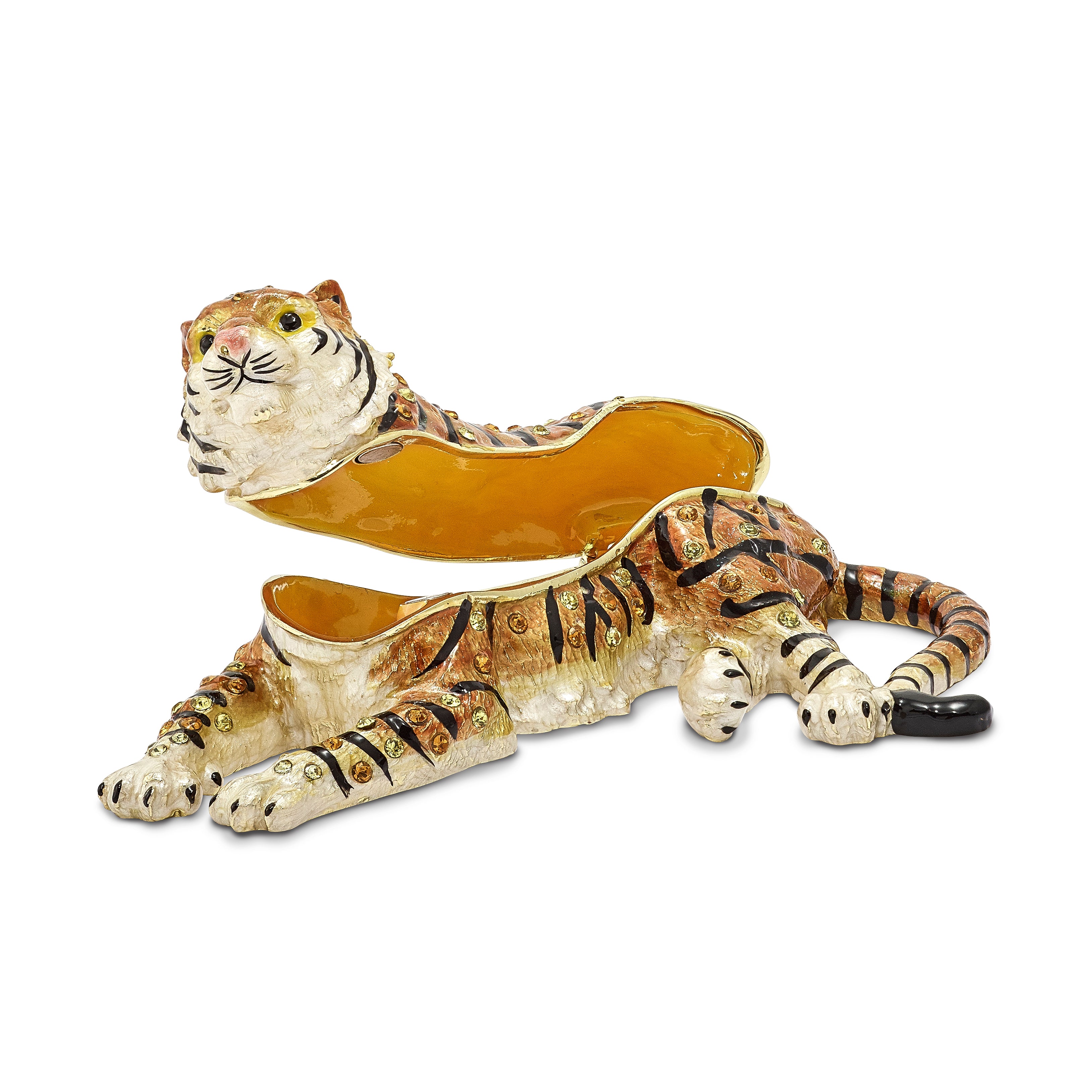 Luxury Giftware Pewter Bejeweled Crystals Gold-tone Enameled TALINDA Relaxing Tiger Trinket Box with Matching 18 Inch Necklace