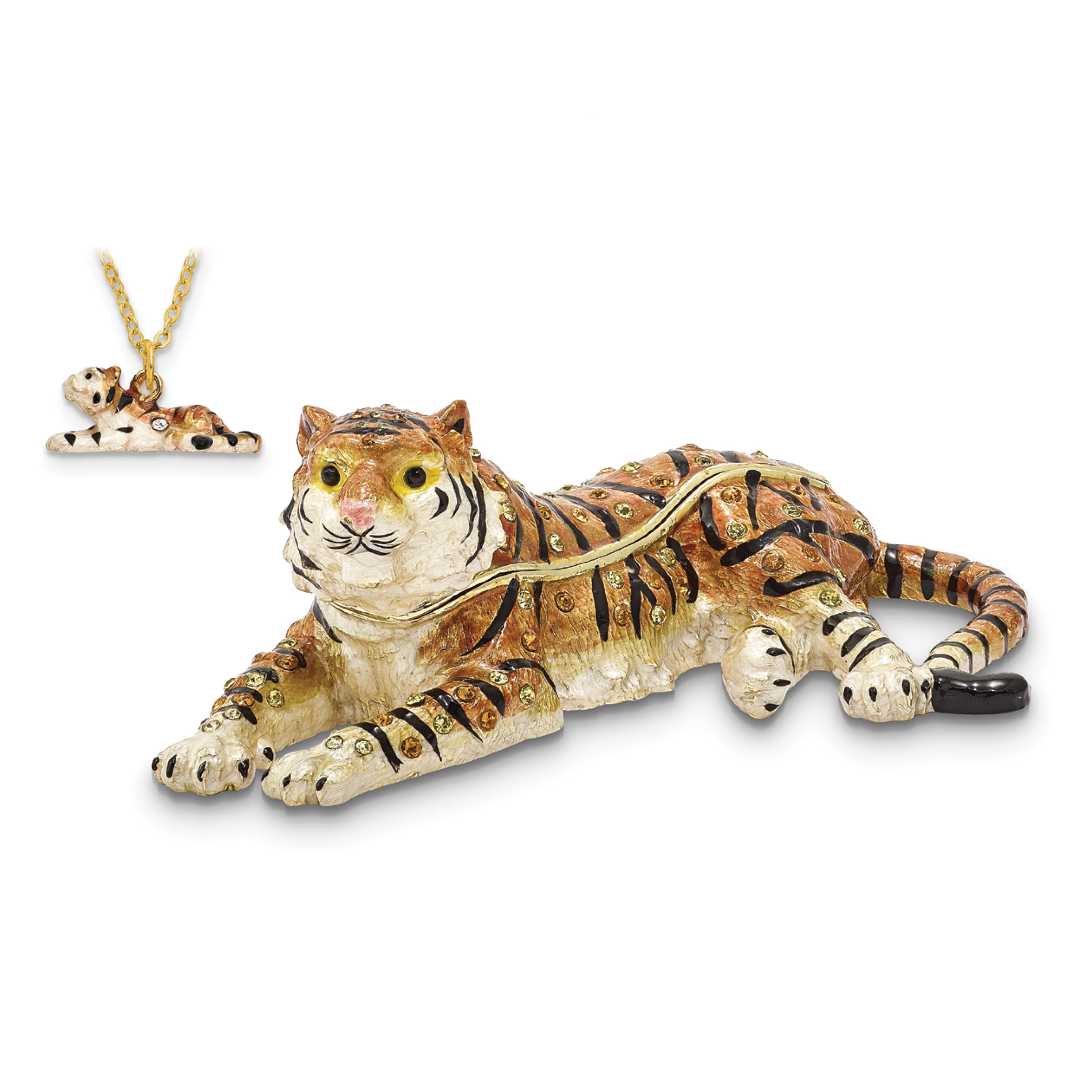 Luxury Giftware Pewter Bejeweled Crystals Gold-tone Enameled TALINDA Relaxing Tiger Trinket Box with Matching 18 Inch Necklace