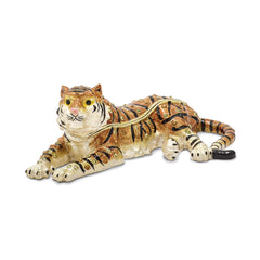 Luxury Giftware Pewter Bejeweled Crystals Gold-tone Enameled TALINDA Relaxing Tiger Trinket Box with Matching 18 Inch Necklace