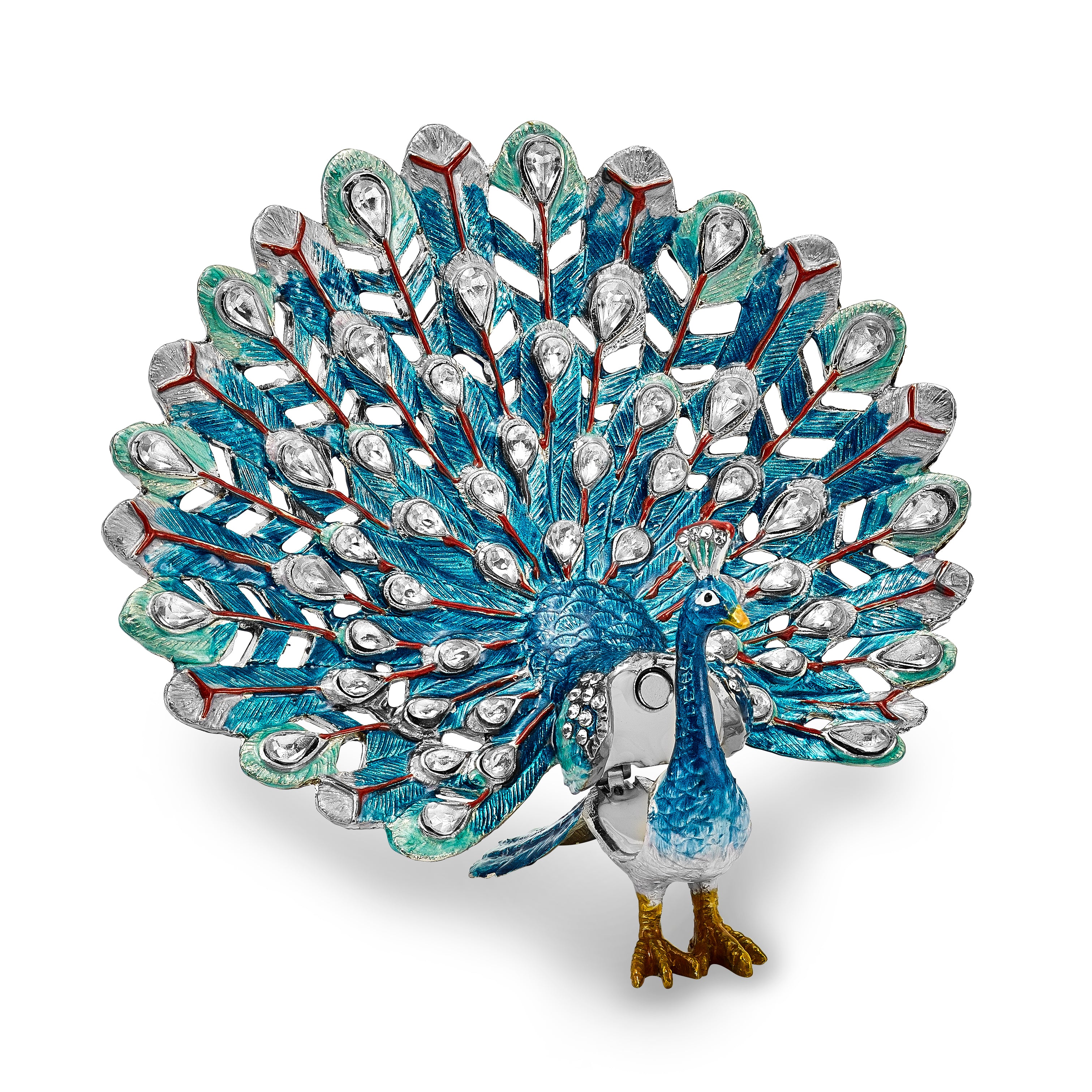 Luxury Giftware Pewter Bejeweled Crystals Silver-tone Enameled IRIDESCENCE Blue Peacock Trinket Box with Matching 18 Inch Necklace