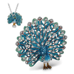 Luxury Giftware Pewter Bejeweled Crystals Silver-tone Enameled IRIDESCENCE Blue Peacock Trinket Box with Matching 18 Inch Necklace