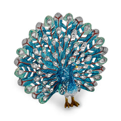 Luxury Giftware Pewter Bejeweled Crystals Silver-tone Enameled IRIDESCENCE Blue Peacock Trinket Box with Matching 18 Inch Necklace