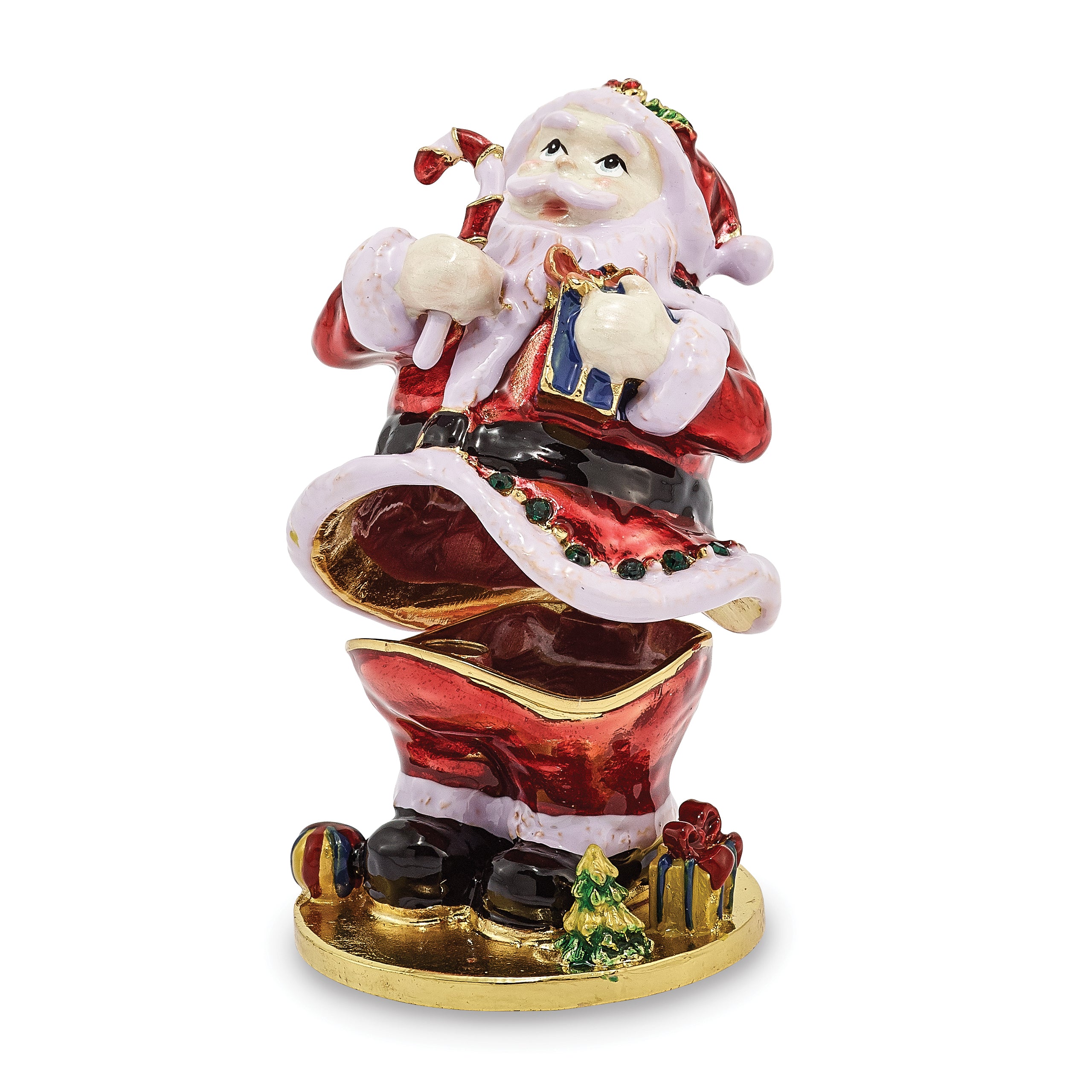 Luxury Giftware Pewter Bejeweled Crystals Gold-tone Enameled CHRISTMAS CALLER Santa Claus Trinket Box with Matching 18 Inch Necklace