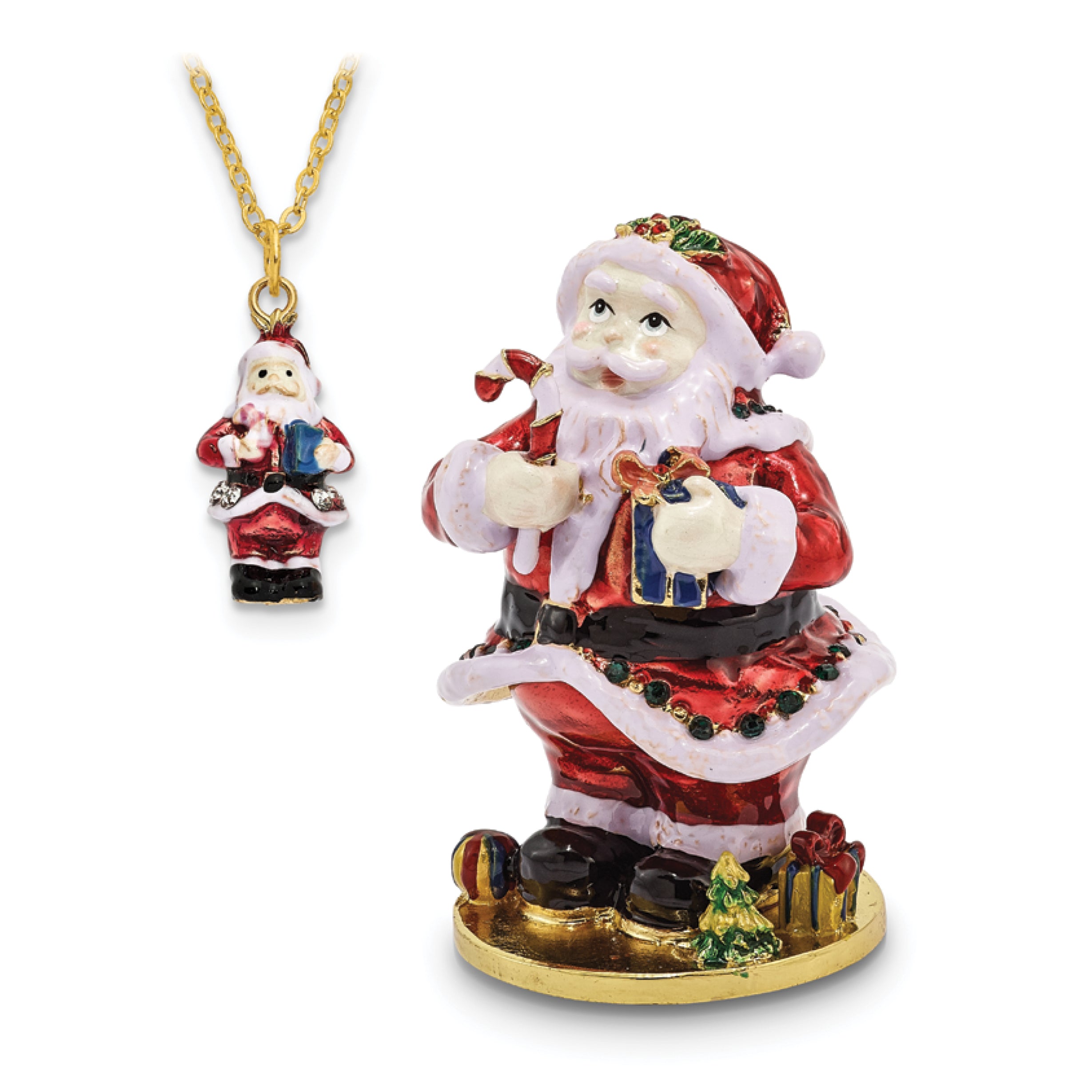 Luxury Giftware Pewter Bejeweled Crystals Gold-tone Enameled CHRISTMAS CALLER Santa Claus Trinket Box with Matching 18 Inch Necklace