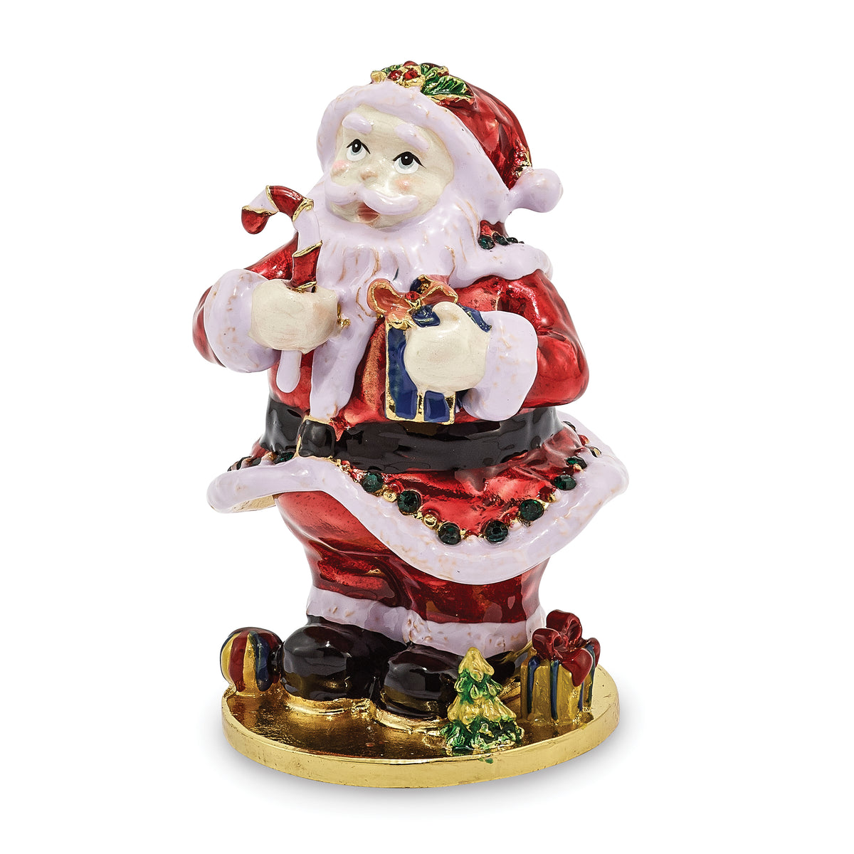 Luxury Giftware Pewter Bejeweled Crystals Gold-tone Enameled CHRISTMAS CALLER Santa Claus Trinket Box with Matching 18 Inch Necklace