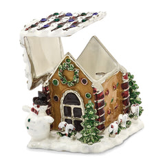 Luxury Giftware Pewter Bejeweled Crystals Silver-tone Enameled LEBKUCHENHAUS Gingerbread House Trinket Box with Matching 18 Inch Necklace