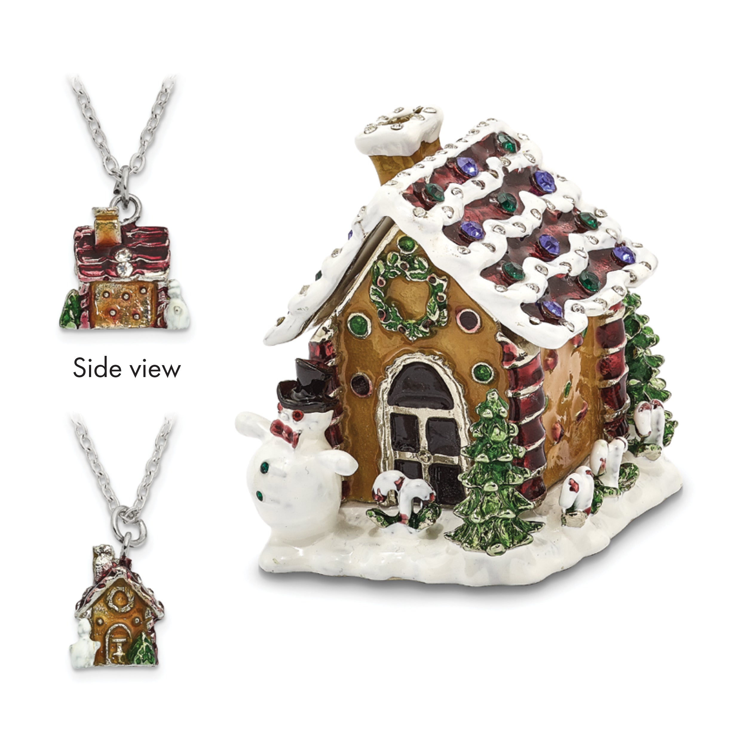 Luxury Giftware Pewter Bejeweled Crystals Silver-tone Enameled LEBKUCHENHAUS Gingerbread House Trinket Box with Matching 18 Inch Necklace