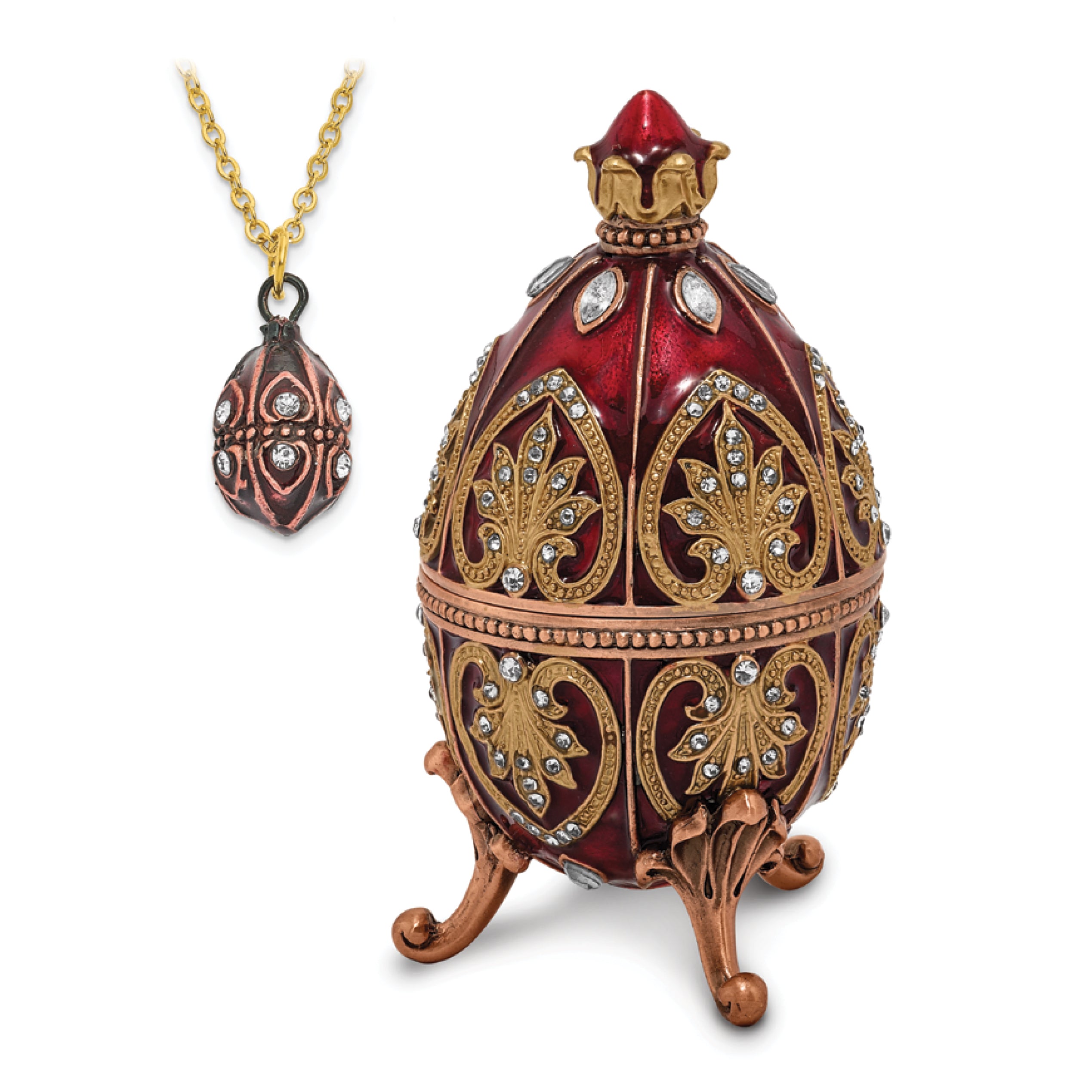 Luxury Giftware Pewter Bejeweled Crystals Gold-tone Enameled FANTASY RED (Plays My Heart Will Go On) Musical Egg with Matching 18 Inch Necklace