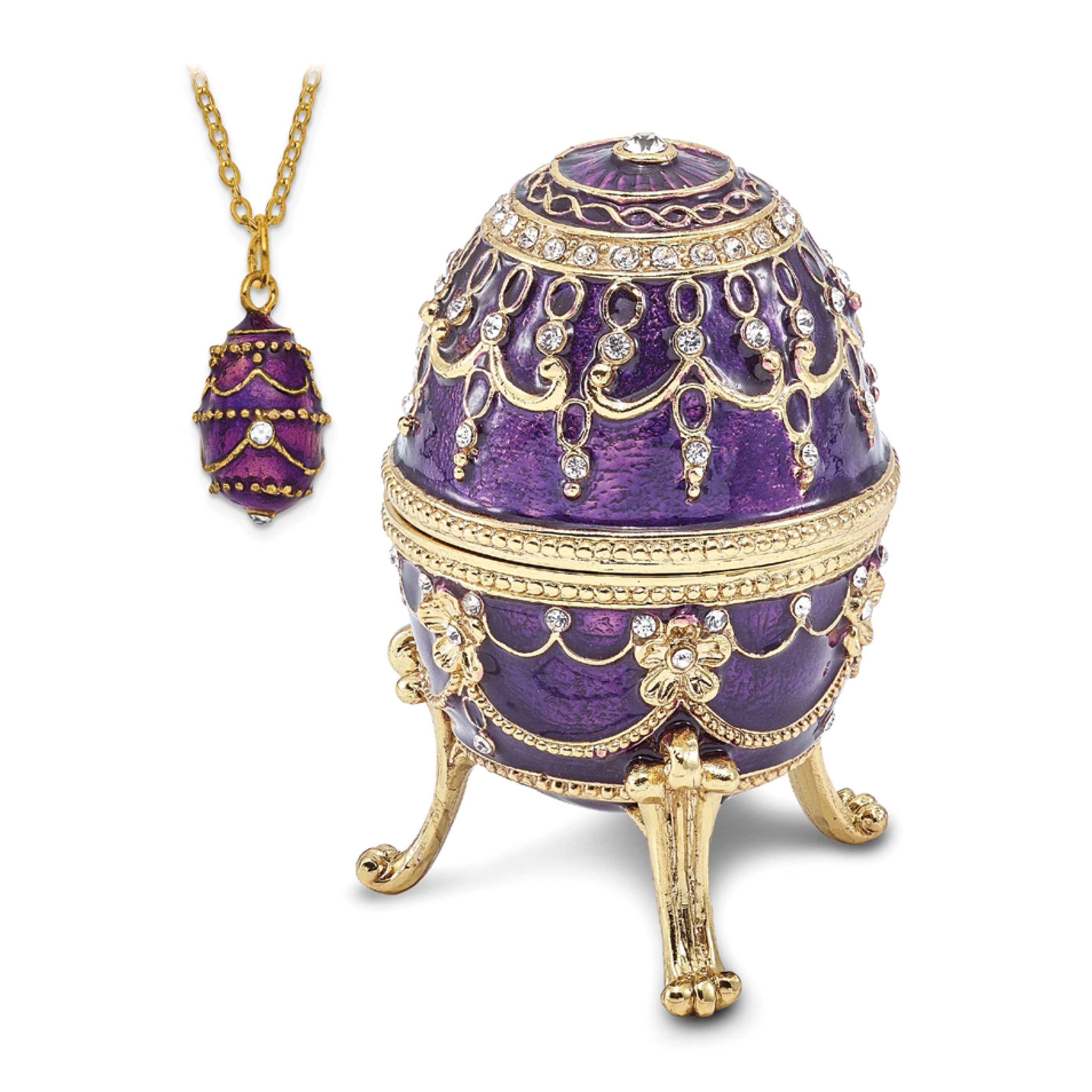 Luxury Giftware Pewter Bejeweled Crystals Gold-tone Enameled IMPERIAL PURPLE (Plays Unchained Melody) Musical Egg with Matching 18 Inch Necklace