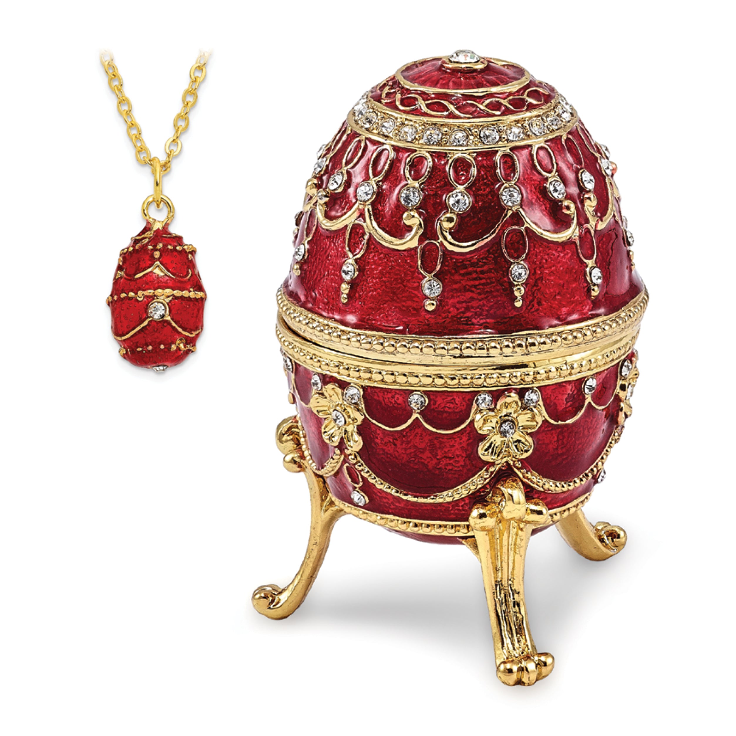 Luxury Giftware Pewter Bejeweled Crystals Gold-tone Enameled IMPERIAL RED (Plays Memory) Musical Egg with Matching 18 Inch Necklace