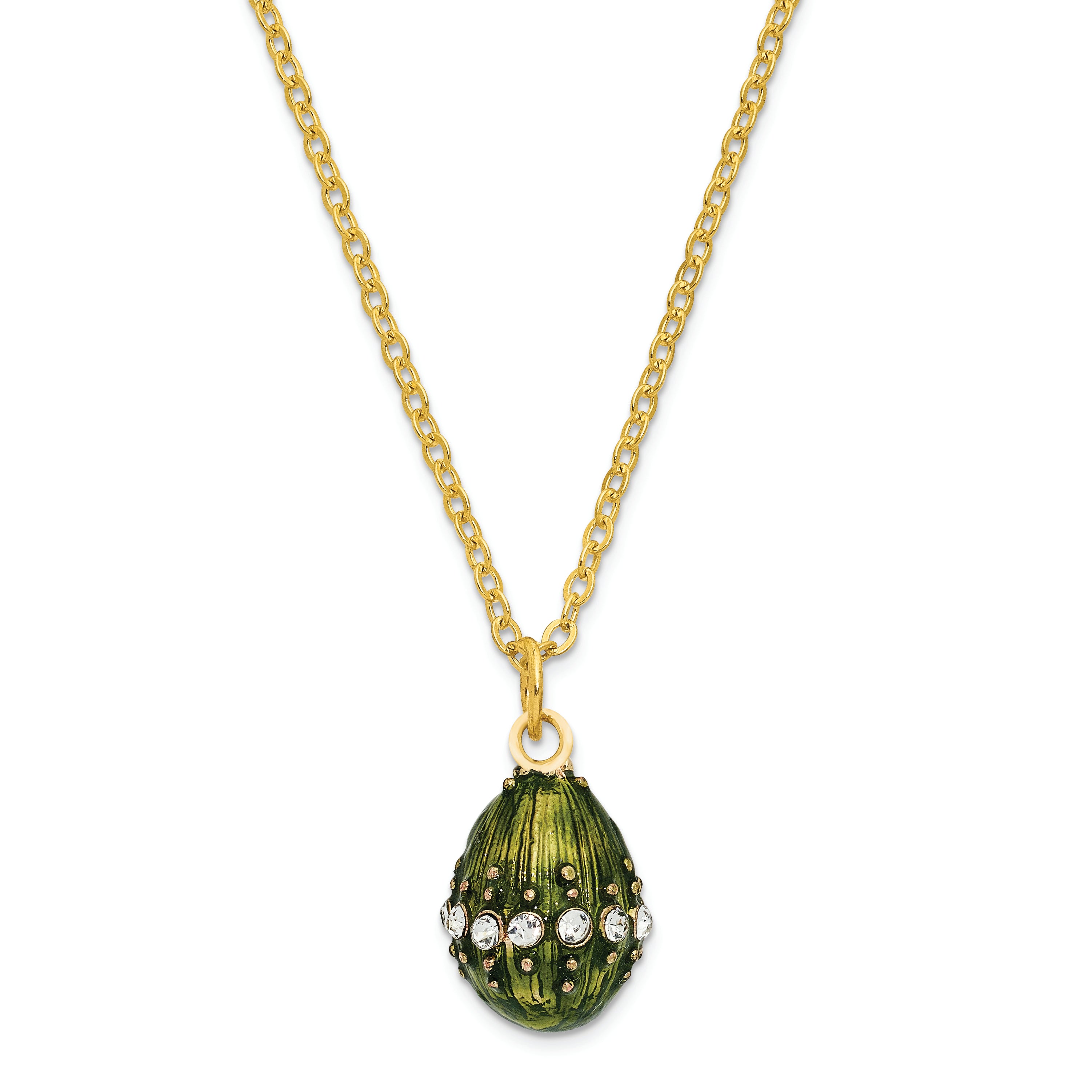 Luxury Giftware Pewter Bejeweled Crystals Gold-tone Enameled REGAL GREEN (Plays Swan Lake) Musical Egg with Matching 18 Inch Necklace