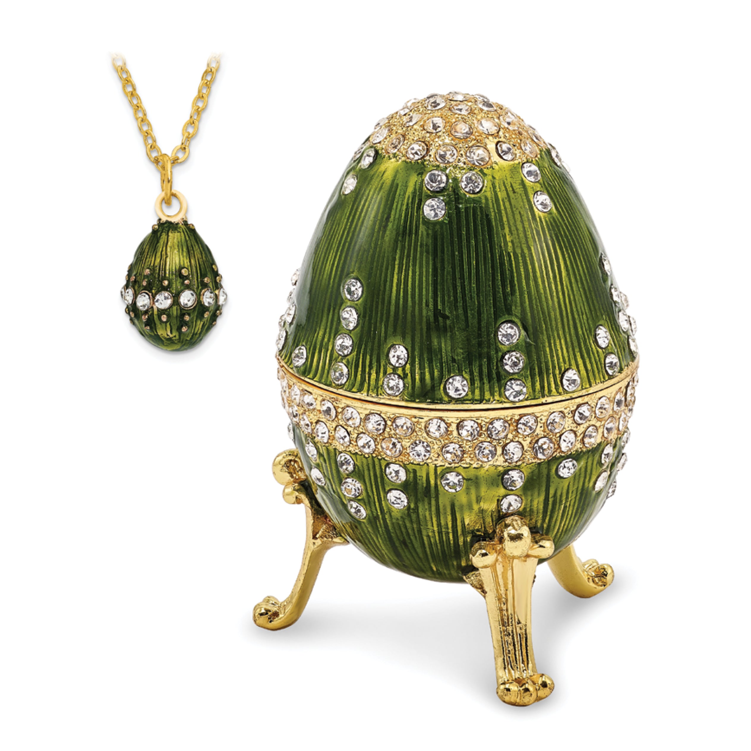 Luxury Giftware Pewter Bejeweled Crystals Gold-tone Enameled REGAL GREEN (Plays Swan Lake) Musical Egg with Matching 18 Inch Necklace