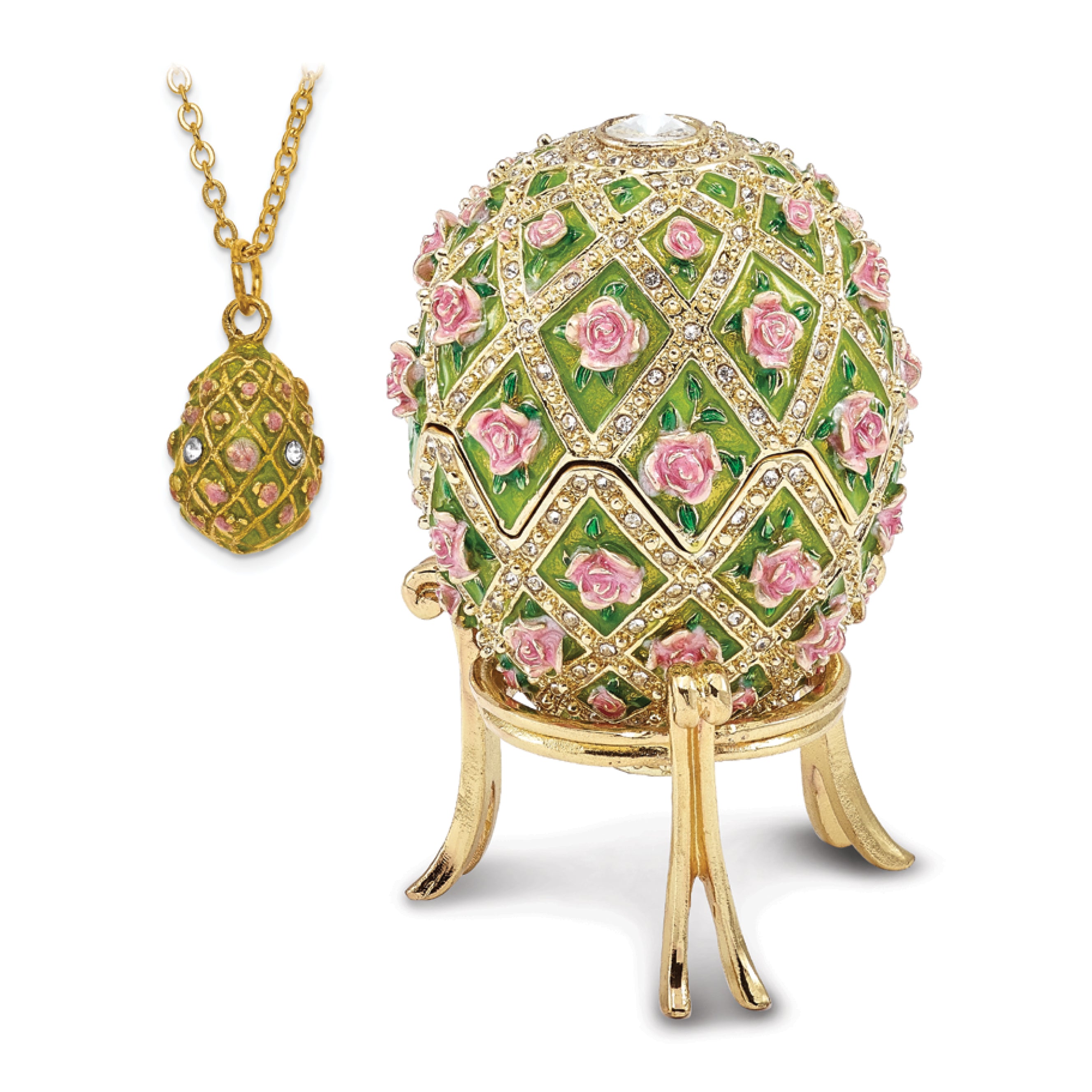 Luxury Giftware Pewter Bejeweled Crystals Gold-tone Enameled ROSE GARDEN Floral (Plays Memory) Musical Egg with Matching 18 Inch Necklace