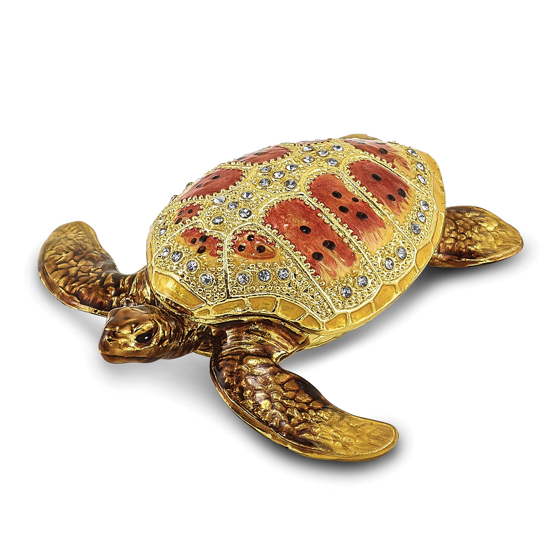 Luxury Giftware Pewter Bejeweled Crystals Gold-tone Enameled PALM BEACH Loggerhead Sea Turtle Trinket Box with Matching 18 Inch Necklace