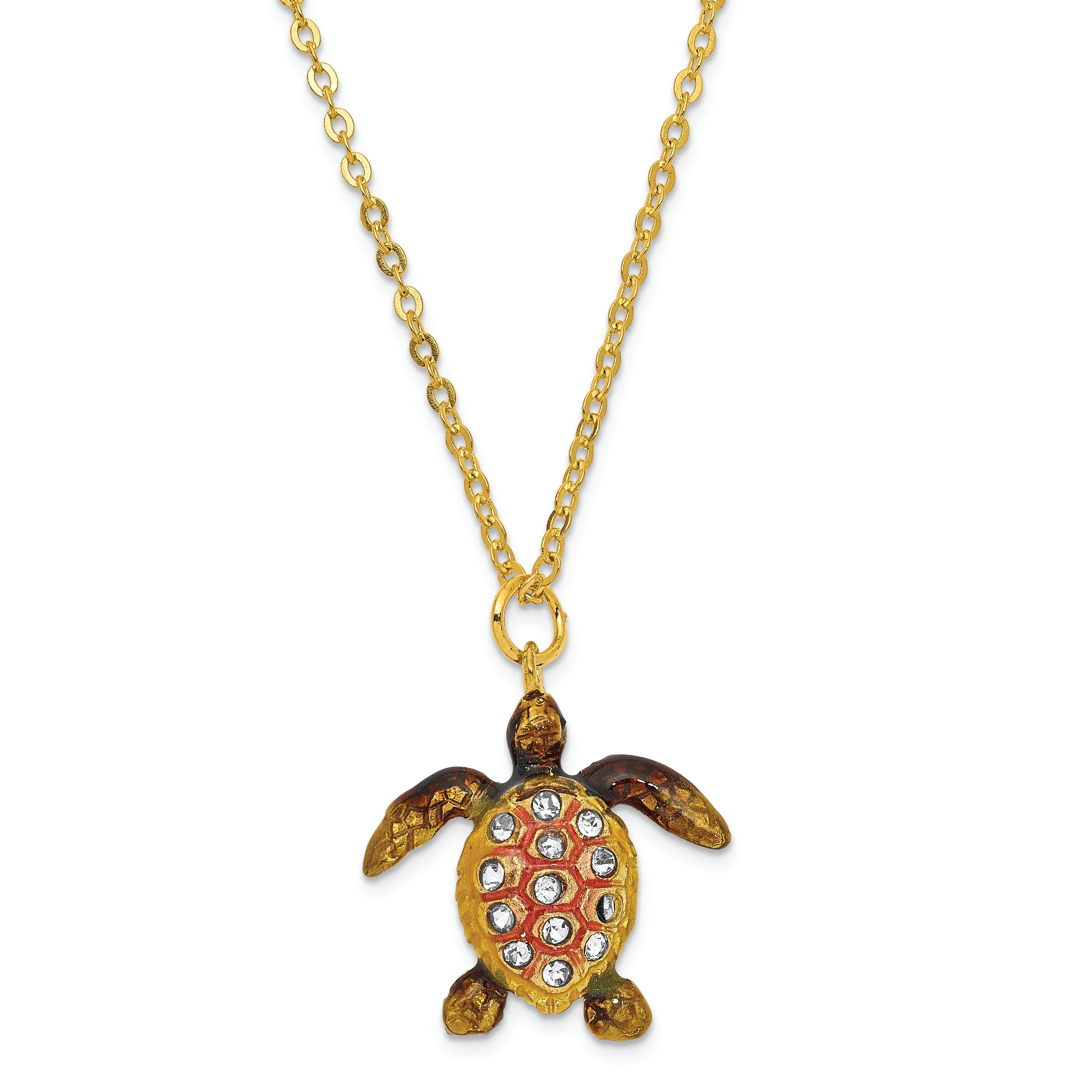 Luxury Giftware Pewter Bejeweled Crystals Gold-tone Enameled PALM BEACH Loggerhead Sea Turtle Trinket Box with Matching 18 Inch Necklace