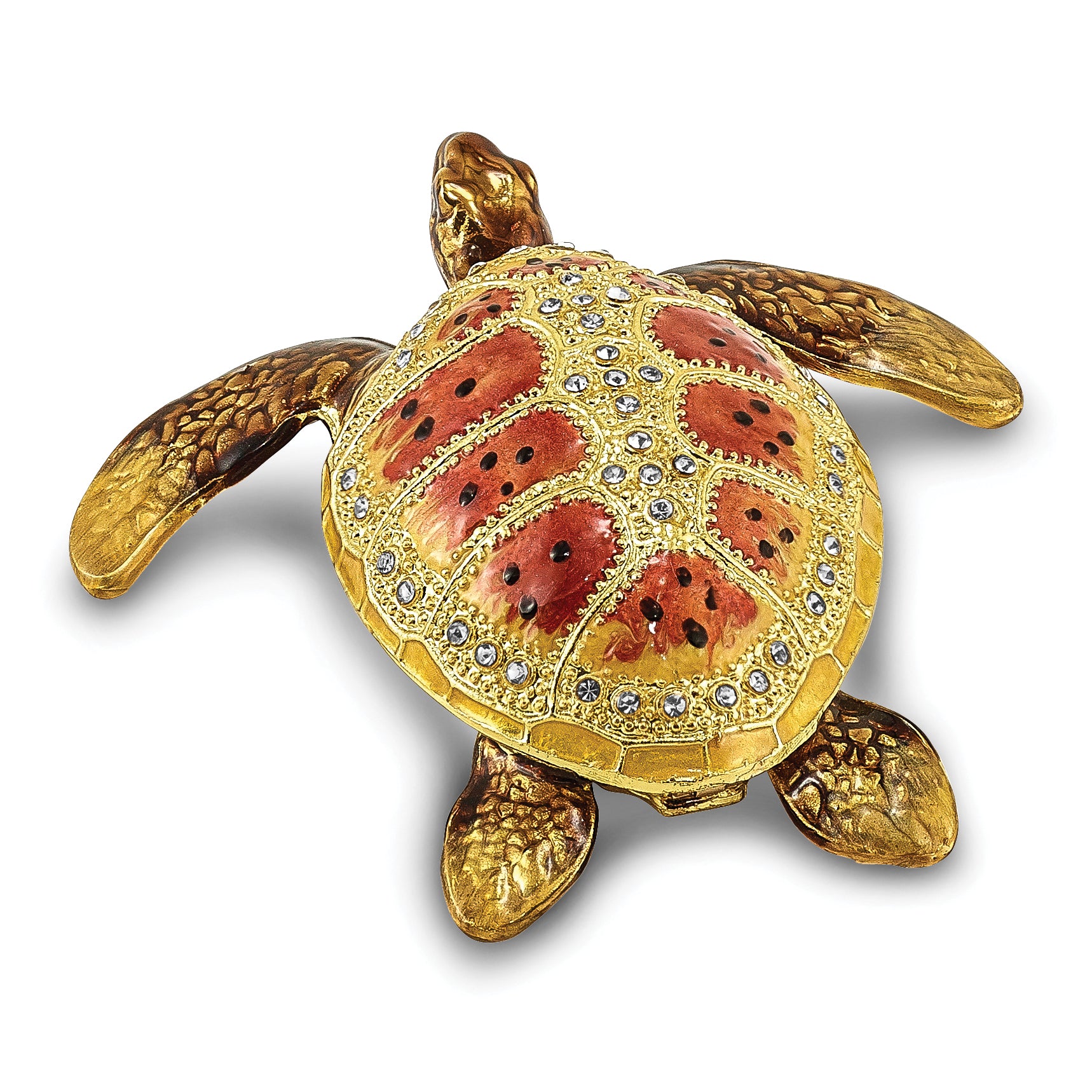 Luxury Giftware Pewter Bejeweled Crystals Gold-tone Enameled PALM BEACH Loggerhead Sea Turtle Trinket Box with Matching 18 Inch Necklace