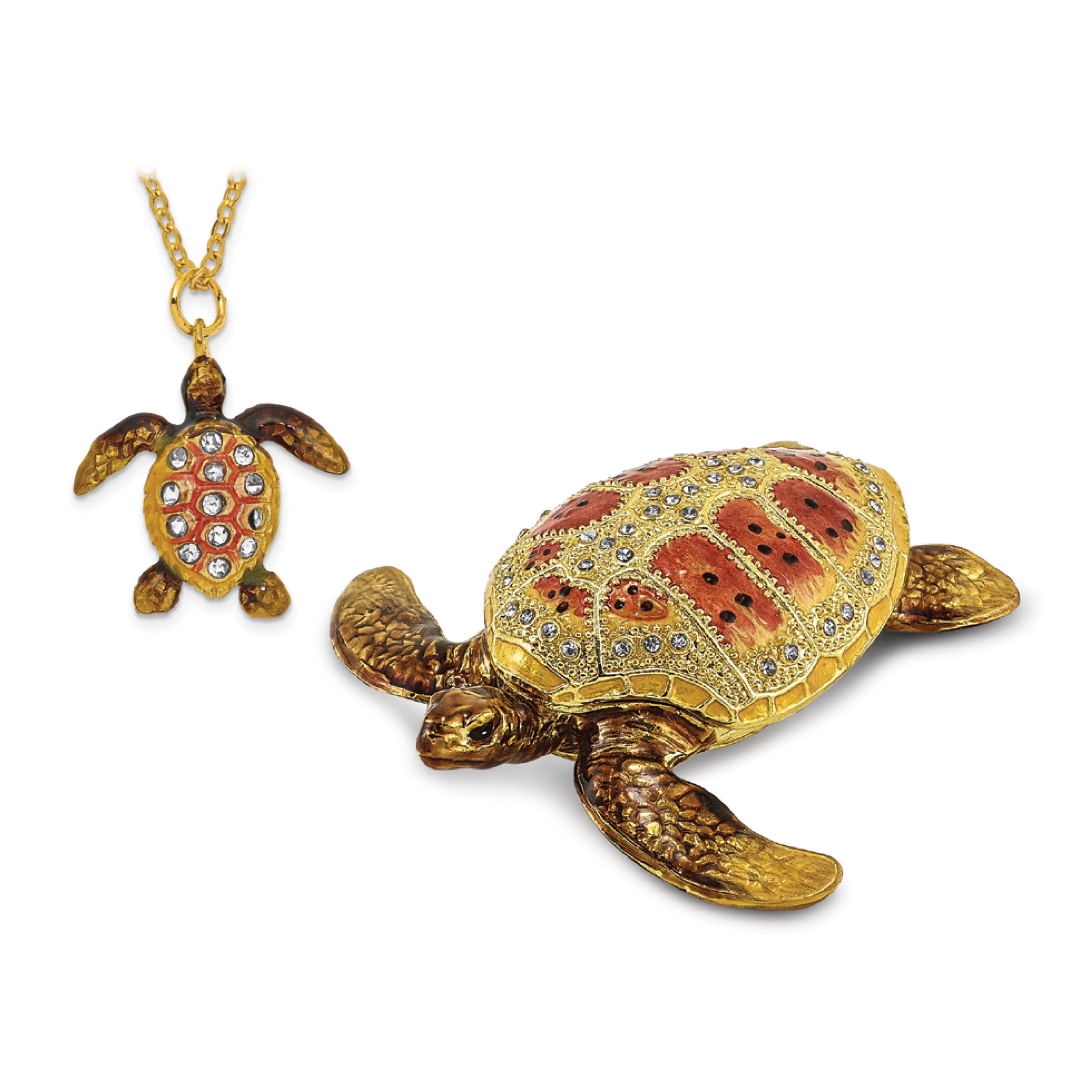 Luxury Giftware Pewter Bejeweled Crystals Gold-tone Enameled PALM BEACH Loggerhead Sea Turtle Trinket Box with Matching 18 Inch Necklace