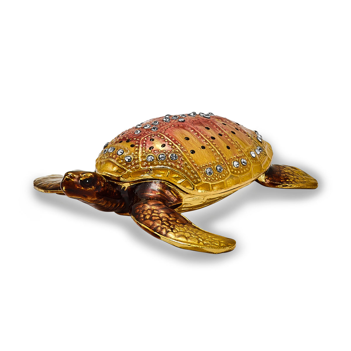 Luxury Giftware Pewter Bejeweled Crystals Gold-tone Enameled PALM BEACH Loggerhead Sea Turtle Trinket Box with Matching 18 Inch Necklace