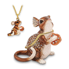 Luxury Giftware Pewter Bejeweled Crystals Gold-tone Enameled SWEET WILLIAM Mouse & Cookie Trinket Box with Matching 18 Inch Necklace