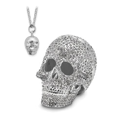 Luxury Giftware Pewter Bejeweled Crystals Silver-tone Enameled TREASURE TROVE Full Crystal Skull Trinket Box with Matching 18 Inch Necklace