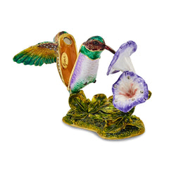 Luxury Giftware Pewter Bejeweled Crystals Gold-tone Enameled STELLA Hummingbird & Morning Glory Trinket Box with Matching 18 Inch Necklace